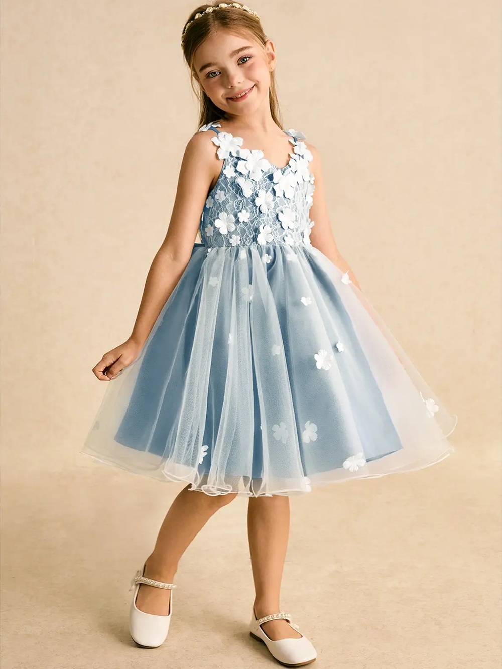 Azazie Junebug toddler dress - Ivory/Steele blue dress